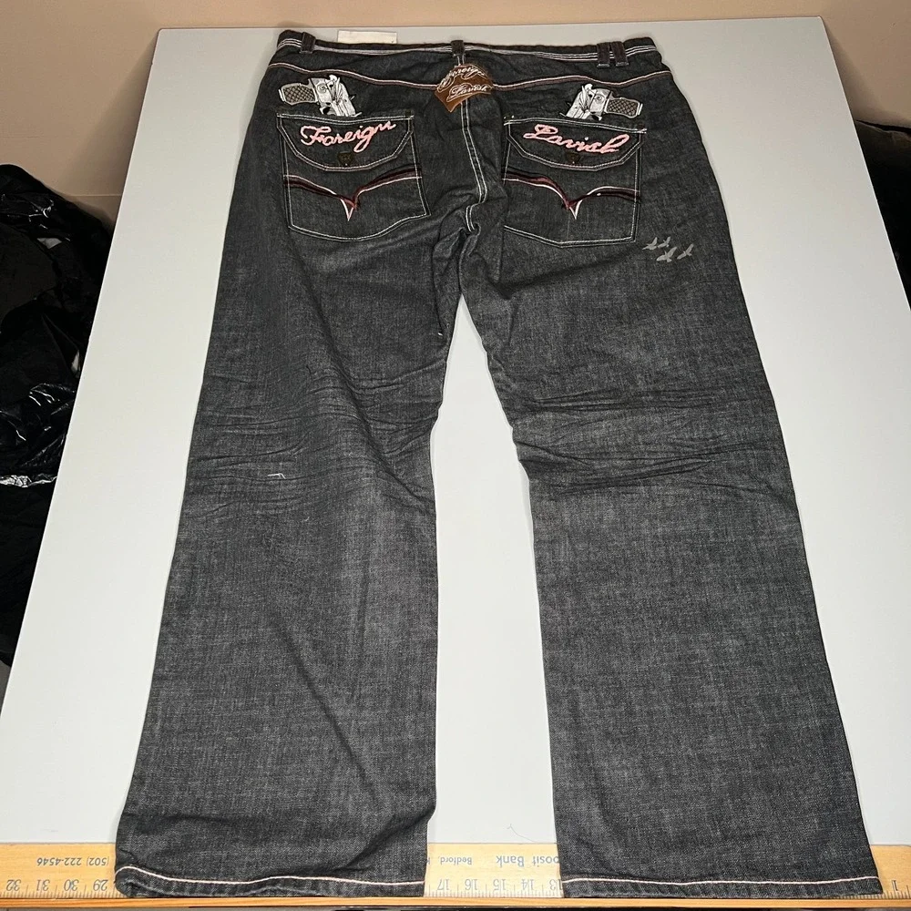 Foreign Lavish Mens 44 Dark Wash Baggy Denim Jeans Gun Embroidery Y2K Streetwear